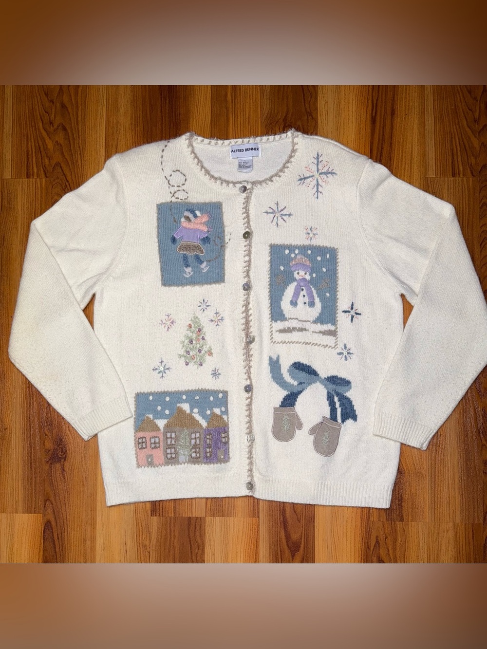 Alfred Dunner Cream Holiday Embroidered Cardigan with Blue Accents